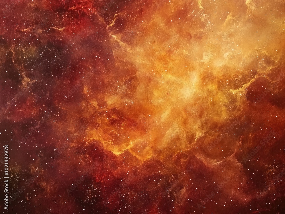 Poster abstract fantasy nebula featuring red brown and yellow hues with shiny starry clouds set against a c