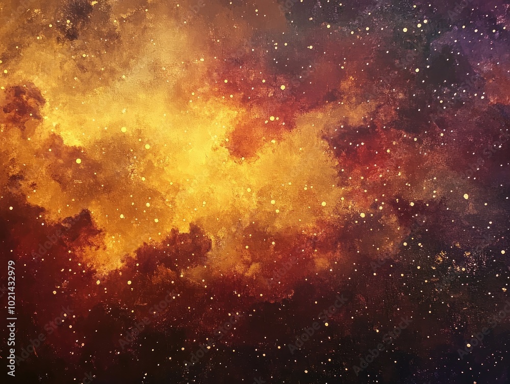 Poster abstract fantasy nebula featuring red brown and yellow hues with shiny starry clouds set against a c