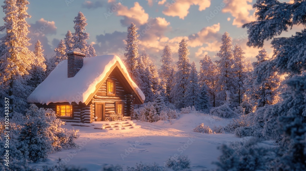 Poster a snow covered log house surrounded by trees in a winter forest