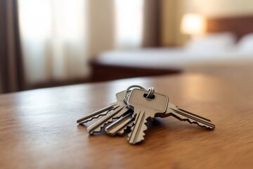 Keys on wooden table in a new apartment or hotel room