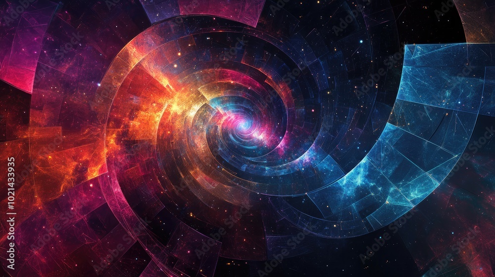 Poster abstract fractal fantasy backdrop featuring a cosmic galaxy with a digital geometric techno inspired
