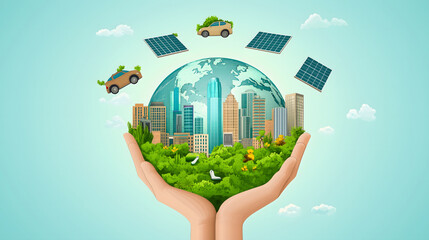 双手托举的绿色地球低碳环保主题插画