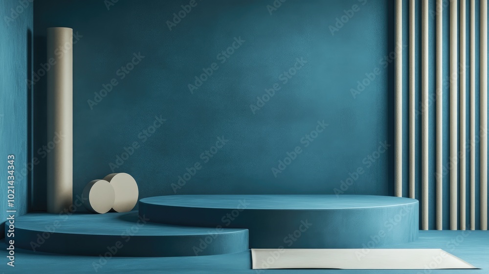 Poster 3D render featuring an abstract modern blue background with an empty cylindrical podium a vacant pedestal for product display and round stage elements alongside rolled paper