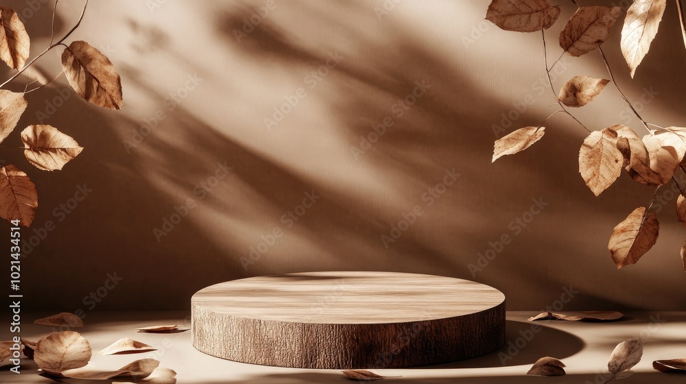Poster 3d background featuring a wooden display podium against a natural brown backdrop complemented by dry