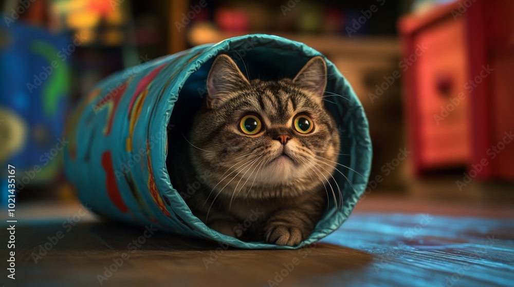 Poster curious cat inside colorful play tunnel