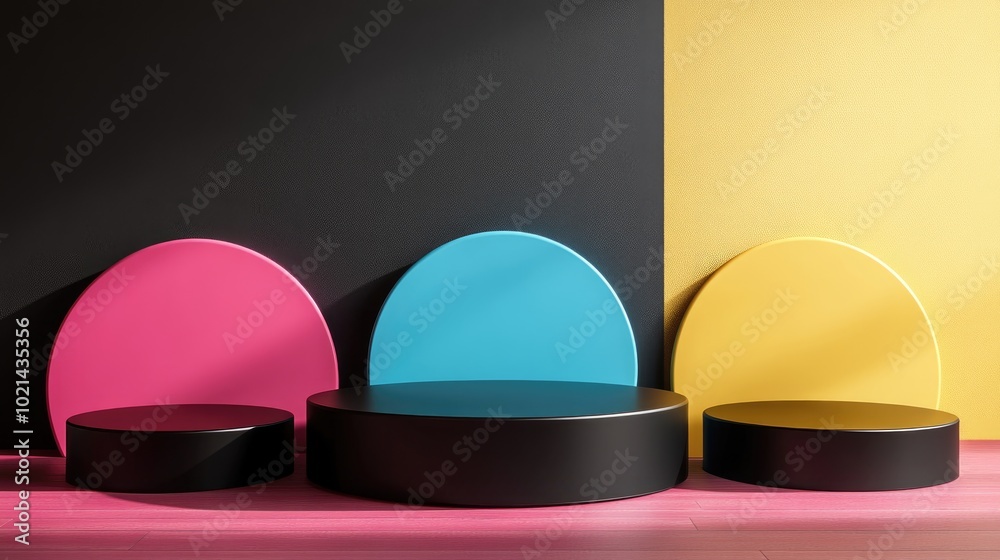 Poster 3D render of abstract colorful geometric shapes featuring a blank product display mockup with an empty stage and a round podium providing ample copy space Assorted blocks in pink blue yellow and b