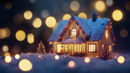 Seasonal Christmas House Lights Decoration. Outdoor blurred defocused view