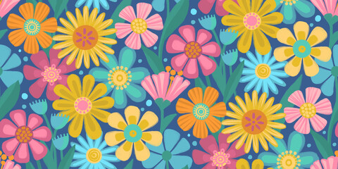 Vibrant floral pattern with stylized flowers in a variety of pastel shades, green leaves and stems in a repeating vertical design on deep blue background with a playful aesthetic.