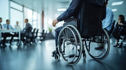 Obraz premium A close-up of a disabled man in a wheelchair, confidently leading a discussion in a modern office setting.