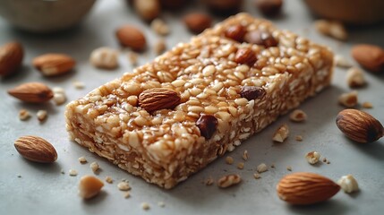 Top-down view of an unwrapped energy bar with scattered crumbs forming a circular pattern around it, solid light gray background, focused lighting highlighting the bar’s edges,