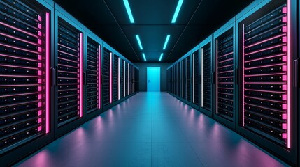 Fototapeta premium Futuristic Neon Data Corridor with Glowing Server Racks and Blue Door, Symmetrical Techno Industrial Design for Cyber Security Concepts