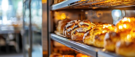 Freshly baked bread loaves on display in a cozy bakery environment.