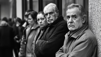 A man with a serious expression standing in a line of people
