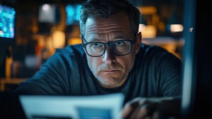 Intense Creative Focus: Cinematic Office Scene of Web Designer at Night