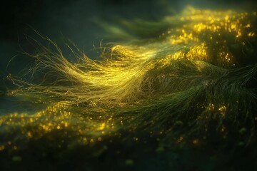 Organic moss blending into metallic threads, glistening with strange luminescence