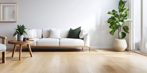 A stylish living room with Scandinavian design elements, light wooden floors, a white sofa, and indoor plants, creating a fresh, airy ambiance, panorama format