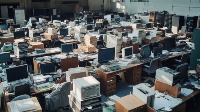 A cluttered office space with numerous computers and stacks of paper.