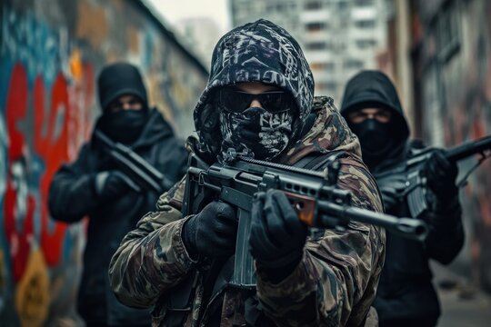 Gang Member: Dangerous Criminal with Guns in Urban Street Setting