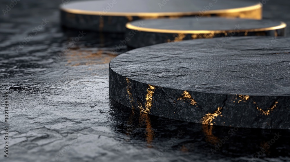 Aufkleber 3D render of an abstract minimal background featuring textured black and gold cobblestones reflecting on a wet floor Stylish platform made of coal stone for product display