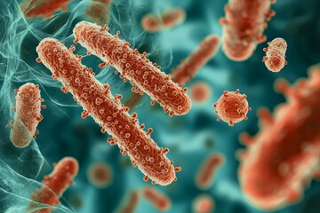 Fototapeta premium Intricate Microscopic World Close-Up View of Rod-Shaped Bacteria with Detailed Textures in Cellular Environment, Scientific Wonder and Beauty