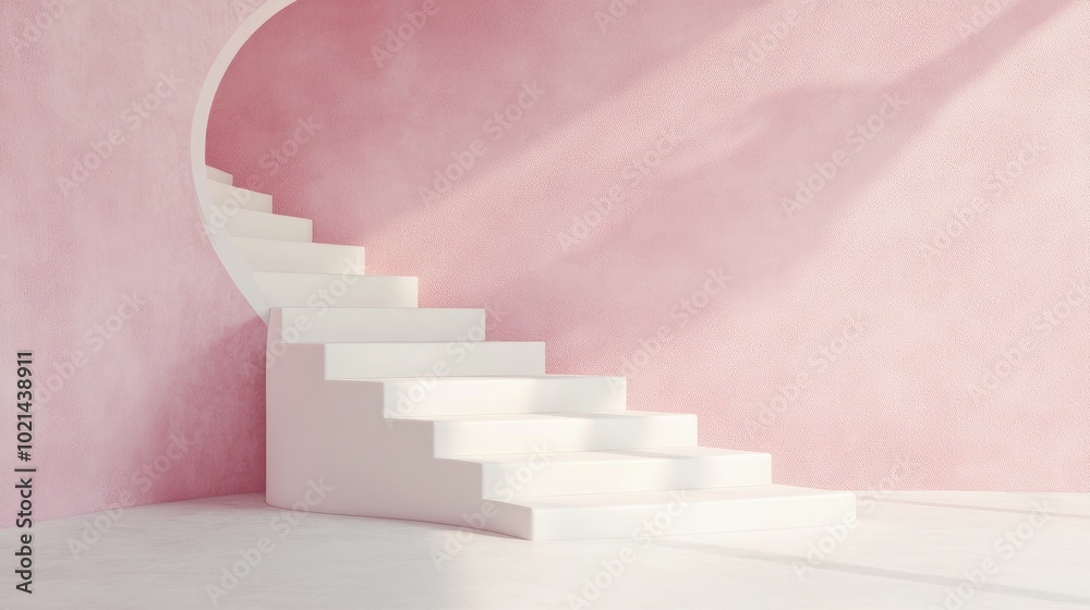 Poster 3D rendering of an abstract minimalistic background featuring pink and white stairs with a podium in pastel shades