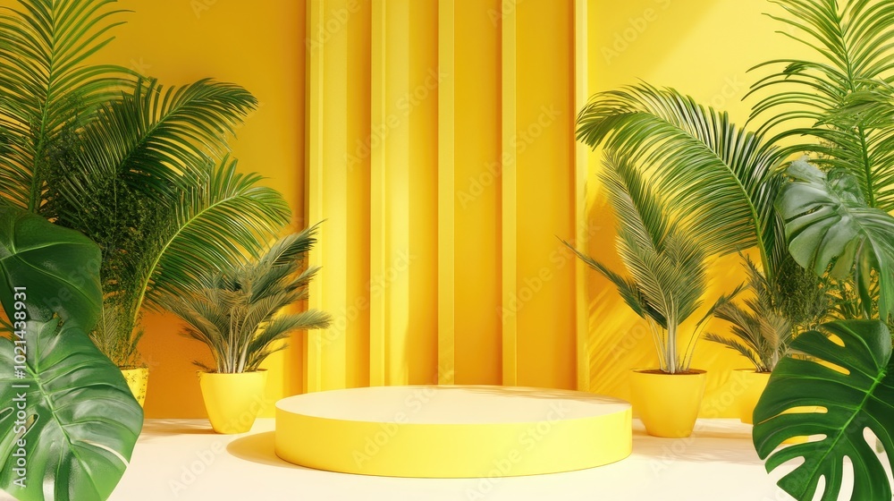 Poster 3D rendering of a minimalist display podium featuring a summer themed backdrop