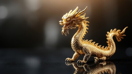 Fototapeta premium Golden dragon statue on dark reflective surface with copy space