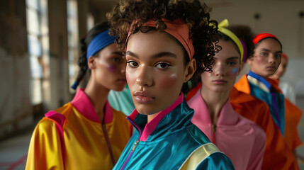 Fototapeta premium A 1980s retro sportswear photoshoot featuring models in brightly colored tracksuits, headbands, and leg warmers, set in an old-school gym.