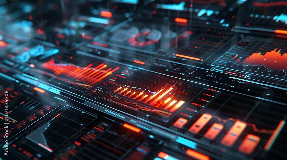 Poster a digital rendering of a futuristic financial interface with floating holographic data analytics and