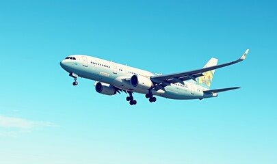 Fototapeta premium A commercial airplane gracefully descending against a clear blue sky, symbolizing travel, adventure, and the aviation industry.