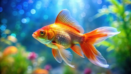 Fototapeta premium A vibrant goldfish with shimmering scales and flowing fins gracefully navigates a lush underwater world.
