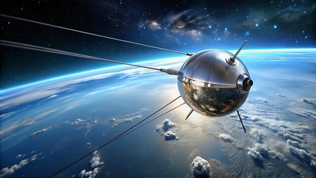 Historic Sputnik 1 Spacecraft Orbiting Earth, Pioneering the Space Age and Satellite Technology