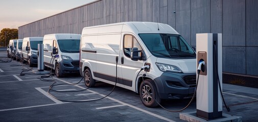 Efficient Electric Delivery Vans in Charging Area - Sustainable Transport Concept