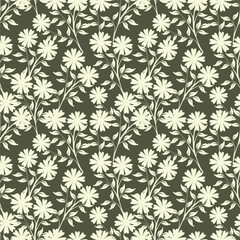 Seamless floral pattern, elegant ditsy print, abstract ornament with green blooming field in retro motif. Pretty botanical design: small hand drawn wild flowers, grass, leaves. Vector illustration.