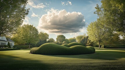 Lush green garden with unique topiary shrubs under a cloudy sky during golden hour in a serene landscape