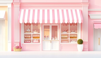 Charming pink pastry shop with striped awning, showcasing a variety of desserts in a vibrant, inviting atmosphere.