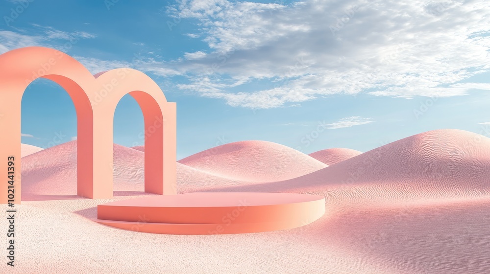 Aufkleber 3D rendering of an abstract surreal pastel landscape featuring arches and a podium for product display panoramic perspective vibrant dune scene with ample copy space blue sky with clouds minimalis