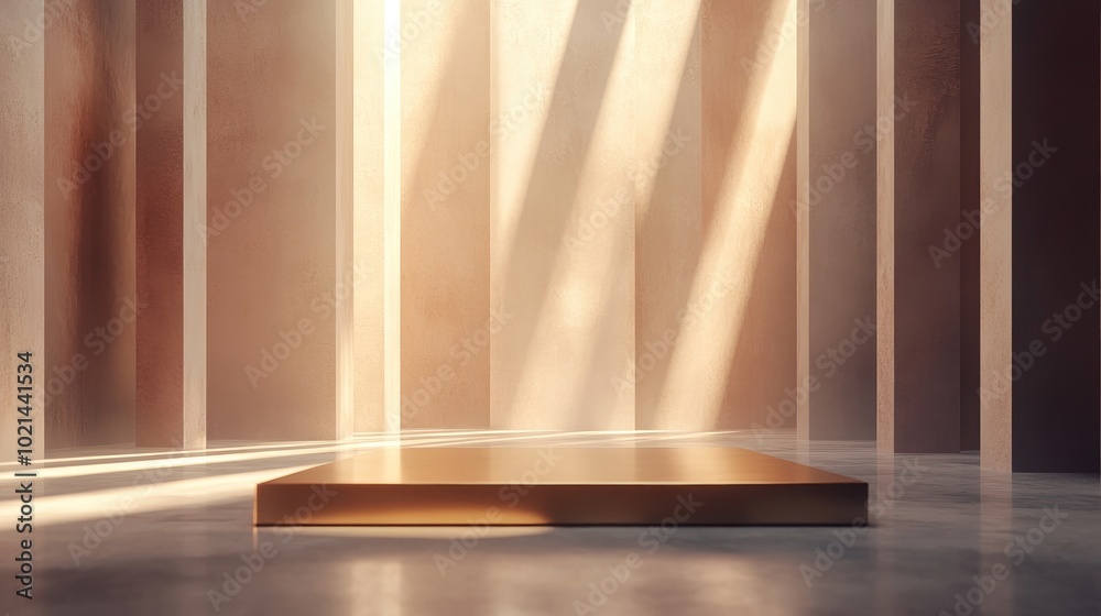 Aufkleber 3D render of an abstract background featuring geometric shapes and rays of light Contemporary minimal display scene with a golden square frame and vacant podium for showcasing products