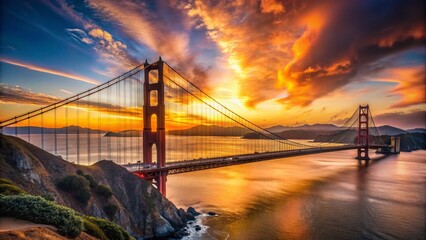 Obraz premium Iconic Golden Gate Bridge Silhouette Against Stunning Sunset Sky for Landscape and Travel Themes