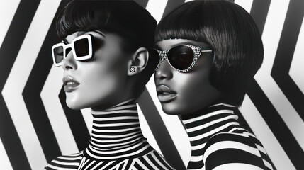 A chic black-and-white fashion editorial highlighting 1960s mod styles, with sharp lines, bold prints, and dramatic eyeliner.
