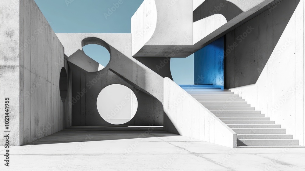 Aufkleber Architectural imagination Abstract representation of structure 3D composition rendering Perspective angle Modern sculpture Contemporary design Grayscale image accented with blue shadows