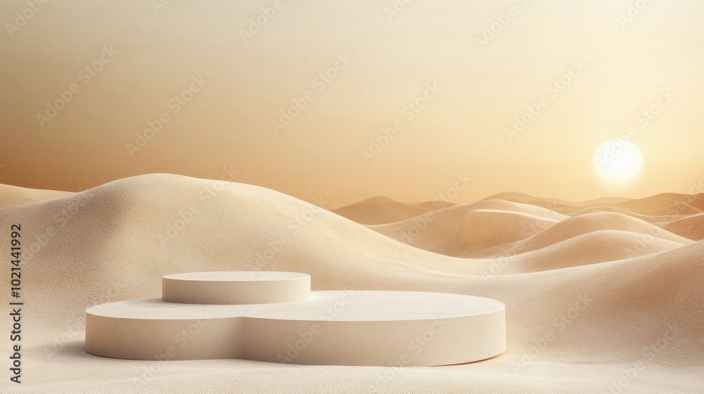 Poster 3d rendering template featuring a minimal podium set against a landscape with beige and cream hues
