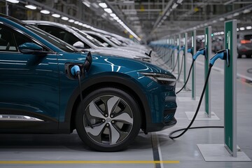 Naklejka premium Teal Electric Car Charging Futuristic Eco-Friendly Technology in Modern Parking Facility
