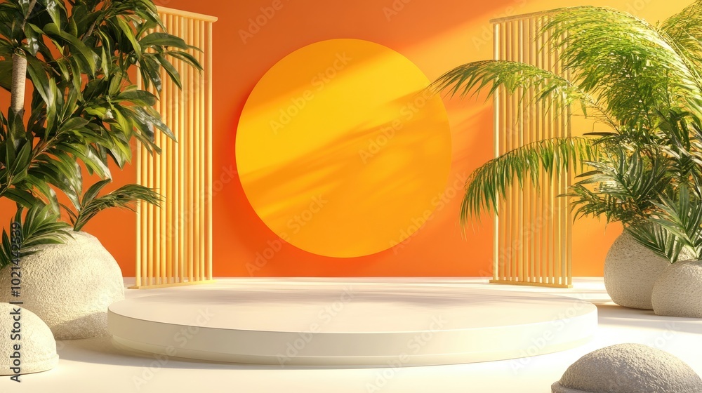 Poster 3D rendering of a minimalist display podium featuring a summer themed backdrop
