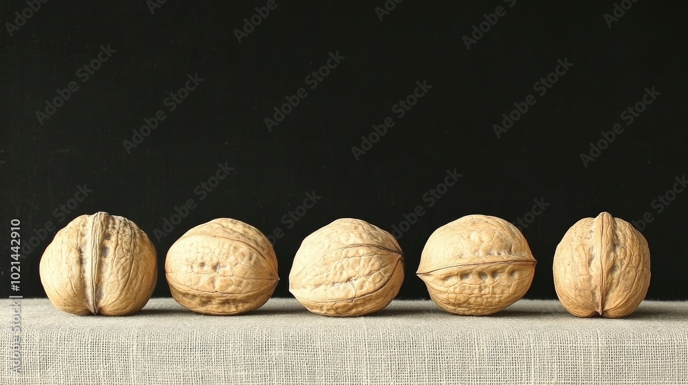 Poster assortment of large walnuts on burlap background