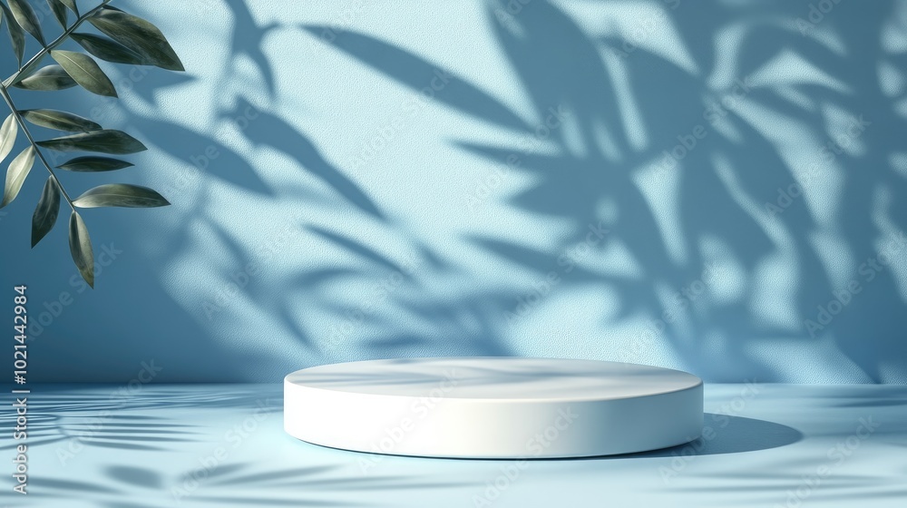 Poster Abstract vacant white podium cast with leaf shadows on a blue backdrop 3D rendered display for product showcasing Minimalistic design Advertising template