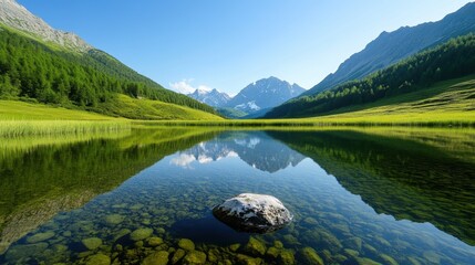 A serene lake reflecting the surrounding mountains, creating a sense of tranquility and harmony.