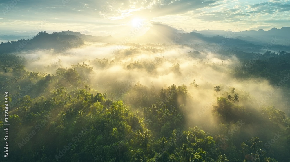Poster aerial view of a misty forest with sun rays illuminating the landscape showcasing a mountain valley 