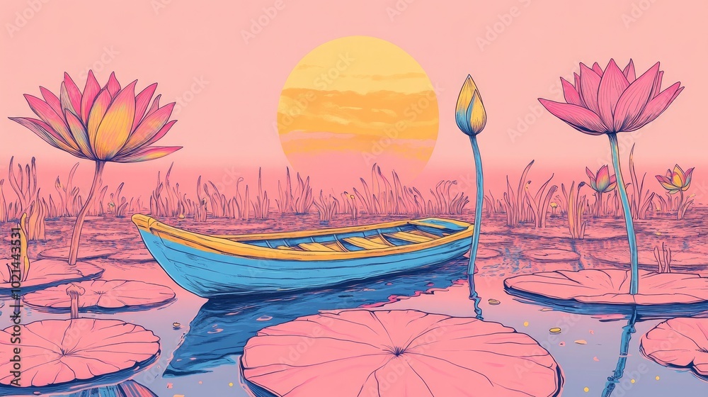 Poster boat and lotus floating in a reflective pond