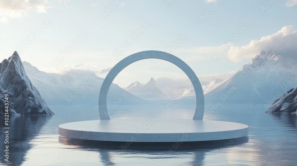Poster 3d render of a circular podium on water featuring a glass wall an arch and mountains minimalistic mo